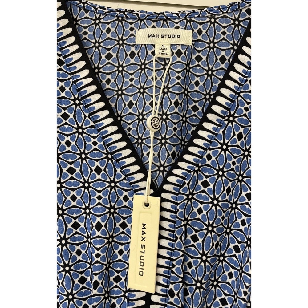 Max Studio Dress Blue Printed Short Sleeve V Neck Midi Tie Waist Women's S NWT - Picture 2 of 9
